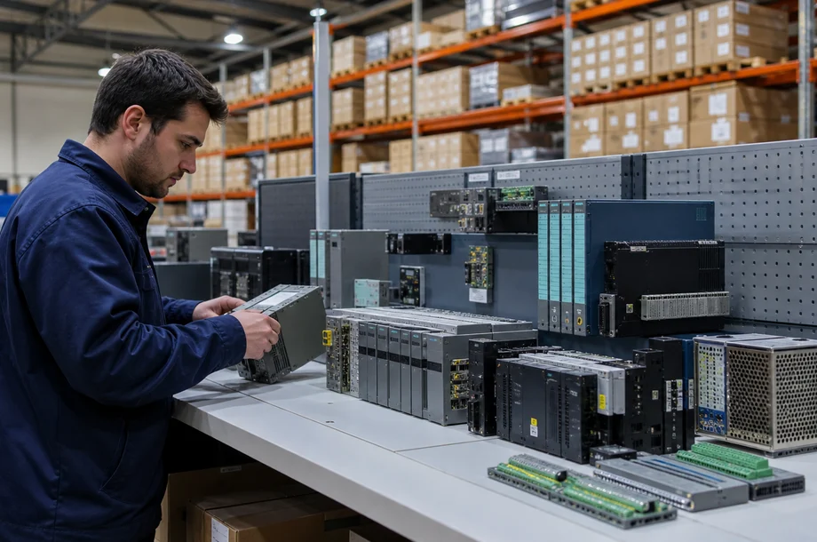 Technician checking industrial automation modules in warehouse
