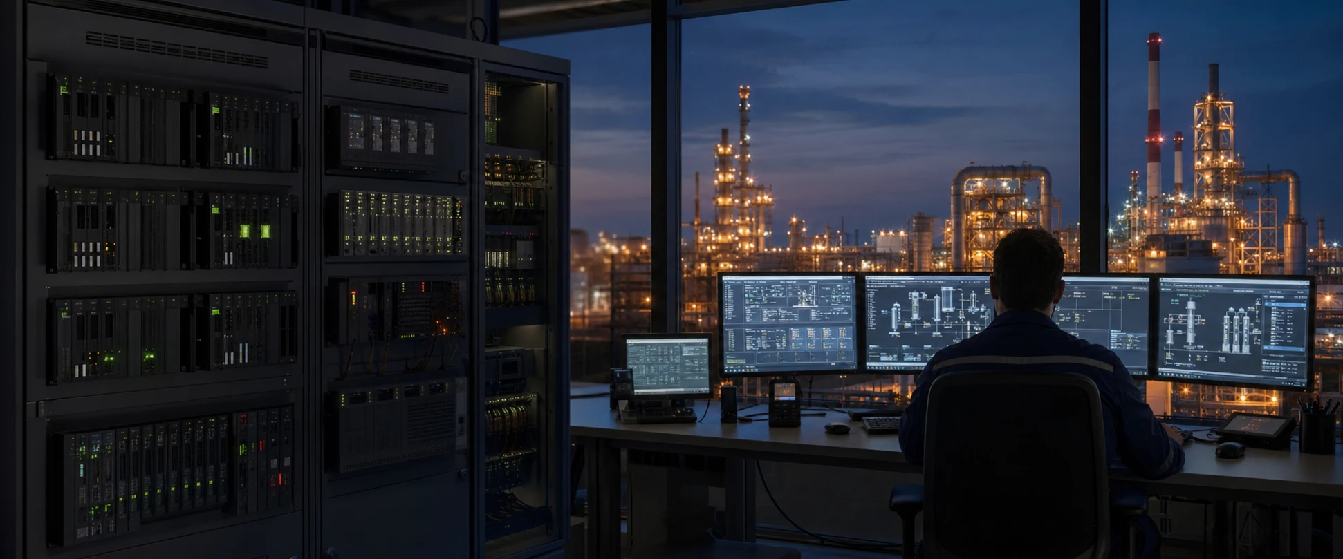 Industrial automation control room monitoring production systems