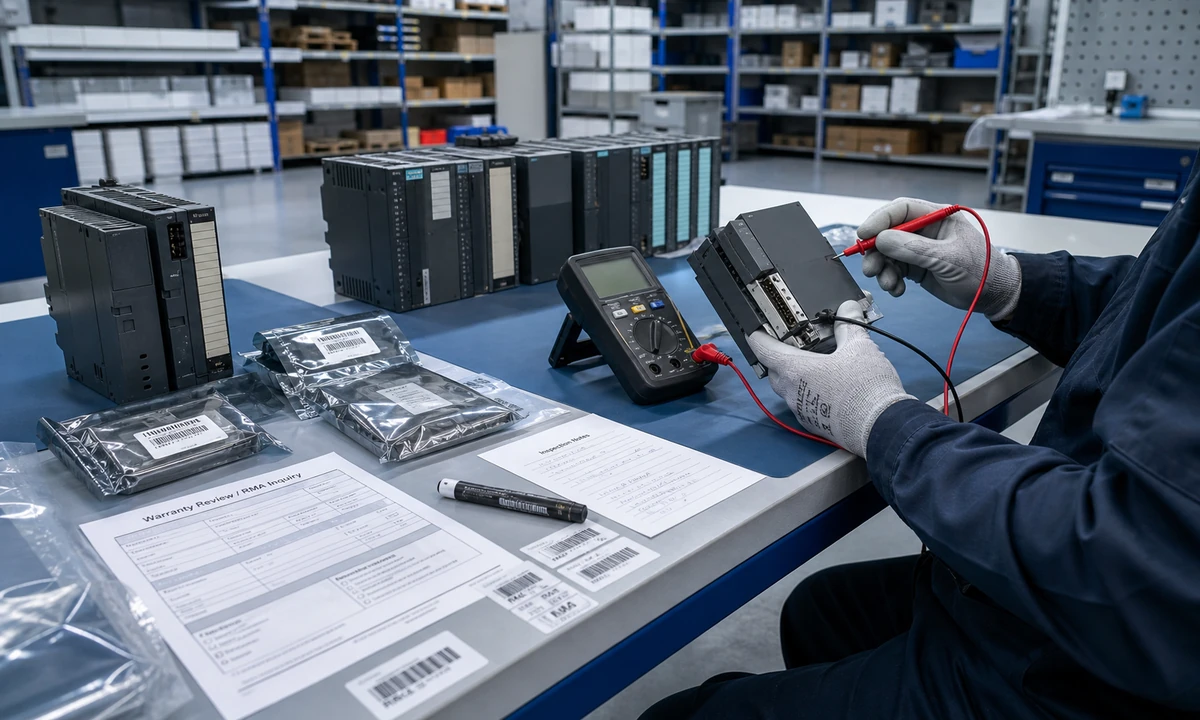 Warranty review workbench with industrial modules, labels and test meter