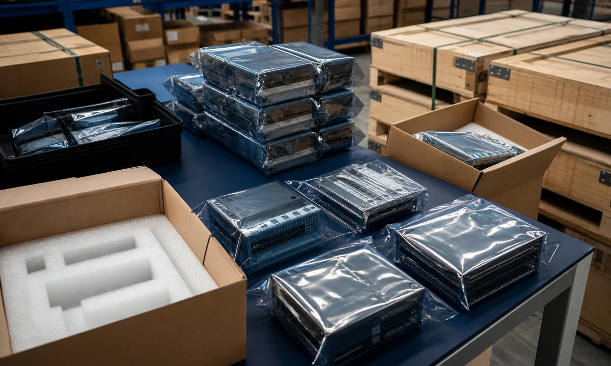 Warehouse team preparing packed industrial automation parts for dispatch