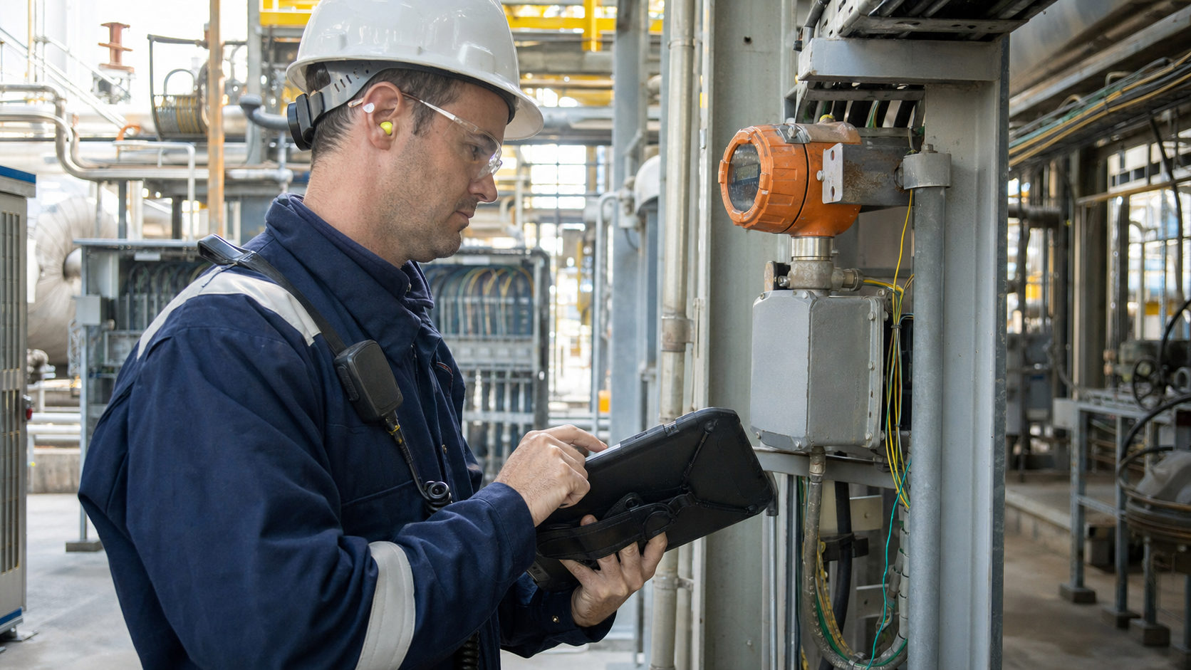 Technician inspecting a flame detector housing and junction box in a process plant