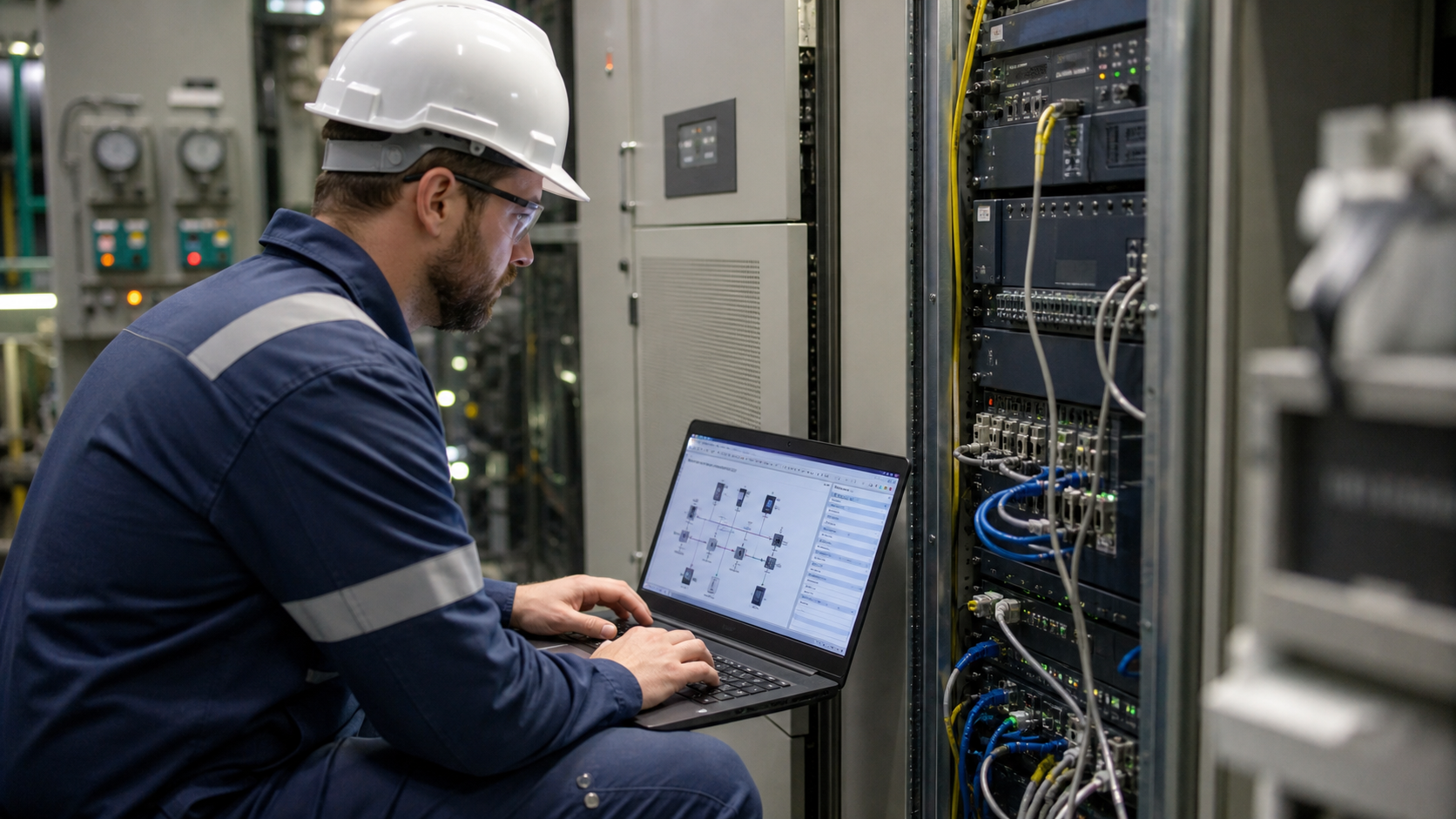 Industrial engineer reviewing a DCS information server and network cabinet