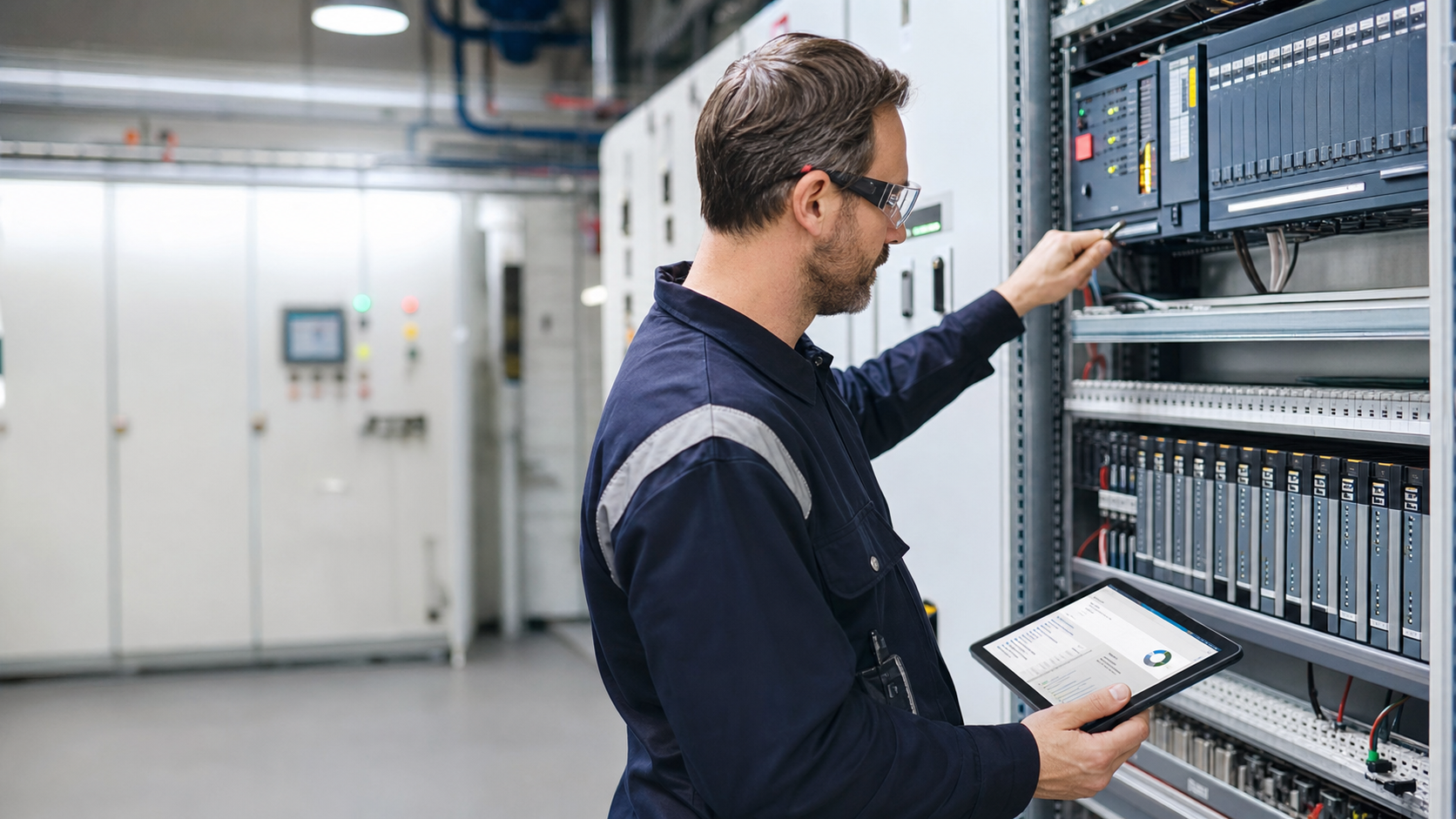Maintenance engineer reviewing a process control cabinet and neutral automation dashboard in an industrial plant