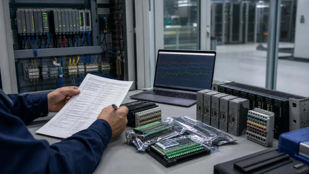 Industrial DCS maintenance workbench with control modules and RFQ records