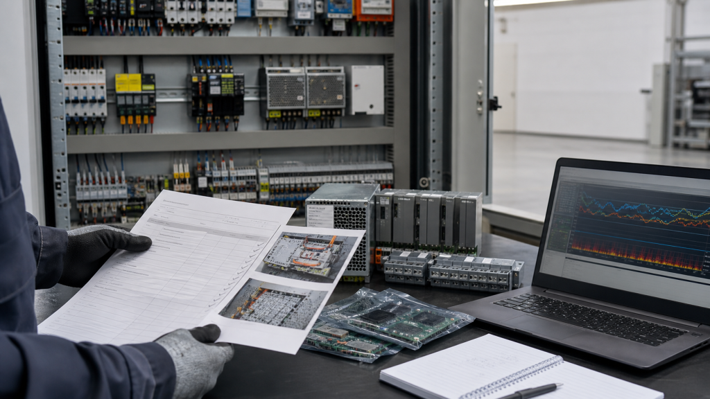 Industrial electrical cabinet safety inspection with control modules and RFQ records