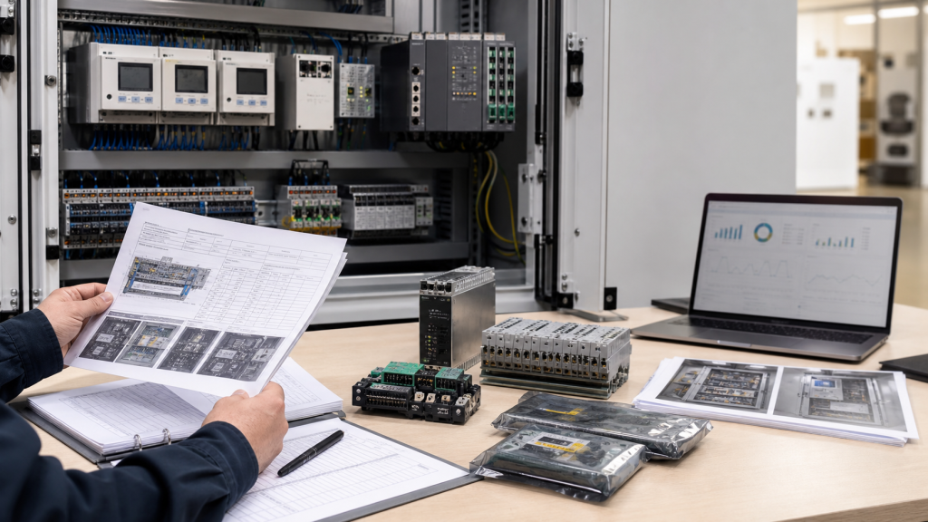 Industrial energy management cabinet inspection with automation modules and RFQ records