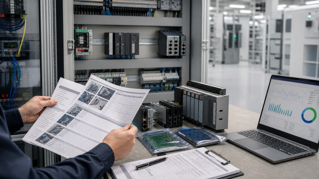 Industrial PLC cabinet maintenance with Allen-Bradley style modules and RFQ records