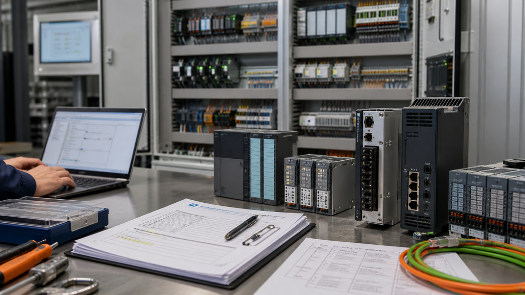Industrial automation maintenance bench with PLC motion drive process control modules and RFQ records