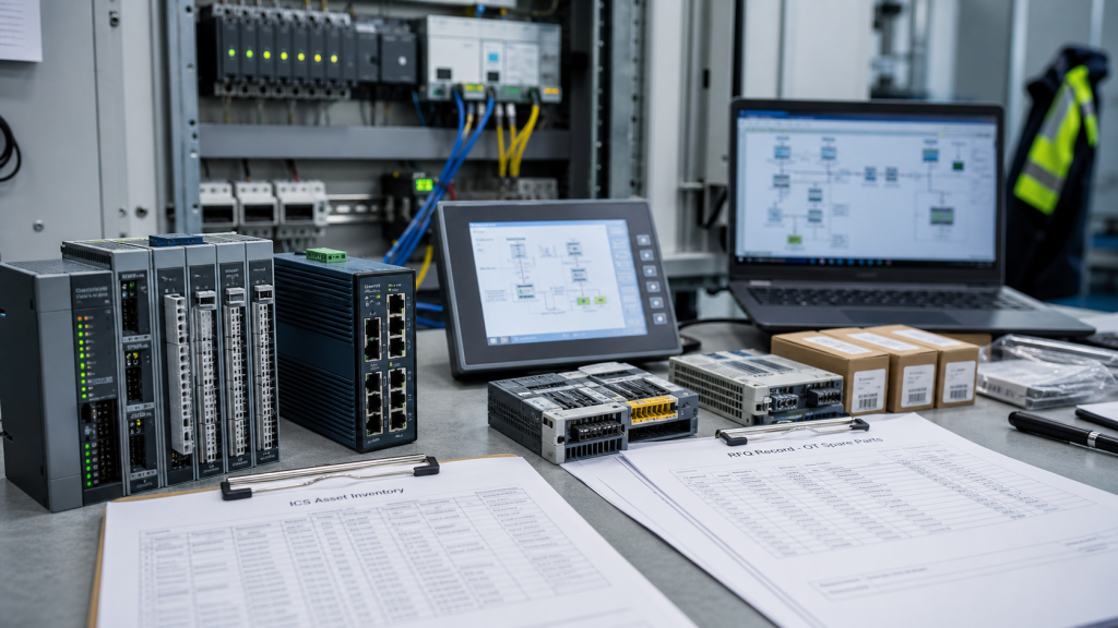 Industrial control systems advisory asset inventory with PLC network modules and OT spare parts RFQ records