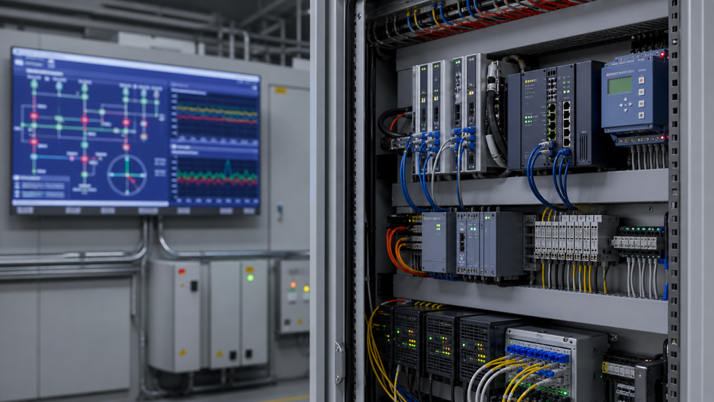 Substation automation relay panel communication gateway and grid monitoring screen for RFQ records