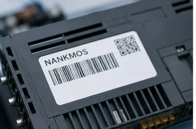 Technician reviewing a PLC module nameplate and part number